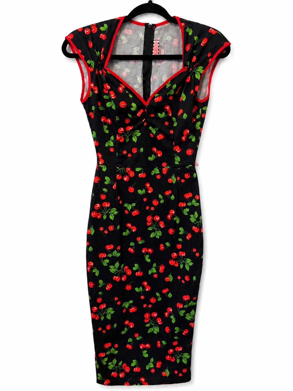 Pinup Couture Black Cherry Print Wiggle Dress Sz S Coquette Retro Bombshell 50’s - Picture 2 of 15